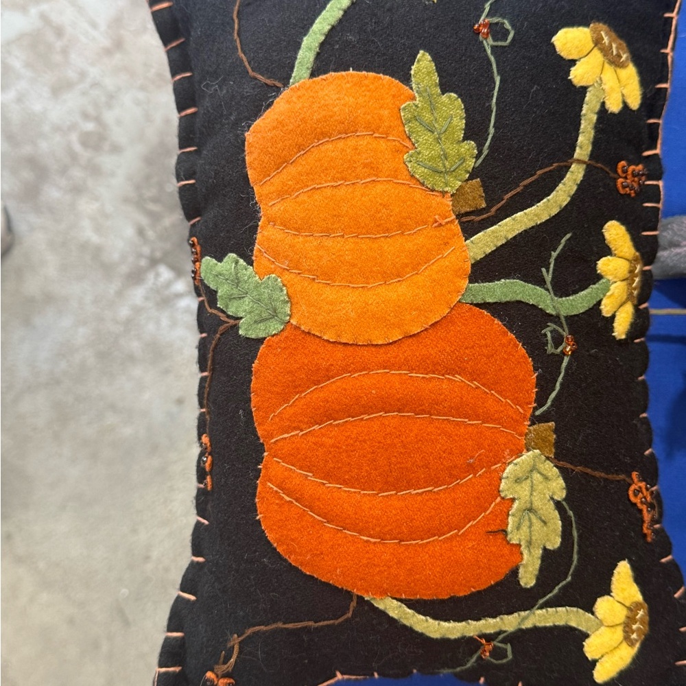 Handmade Pumpkin Applique Pillow - Orange on Black